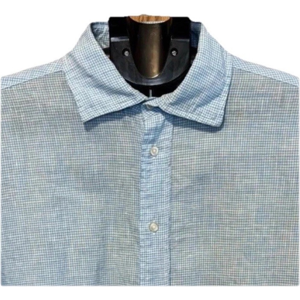 Linea Rosso Mens M Linen Blue Gingham Signature Button Up Roll Tab Sleeve Summer